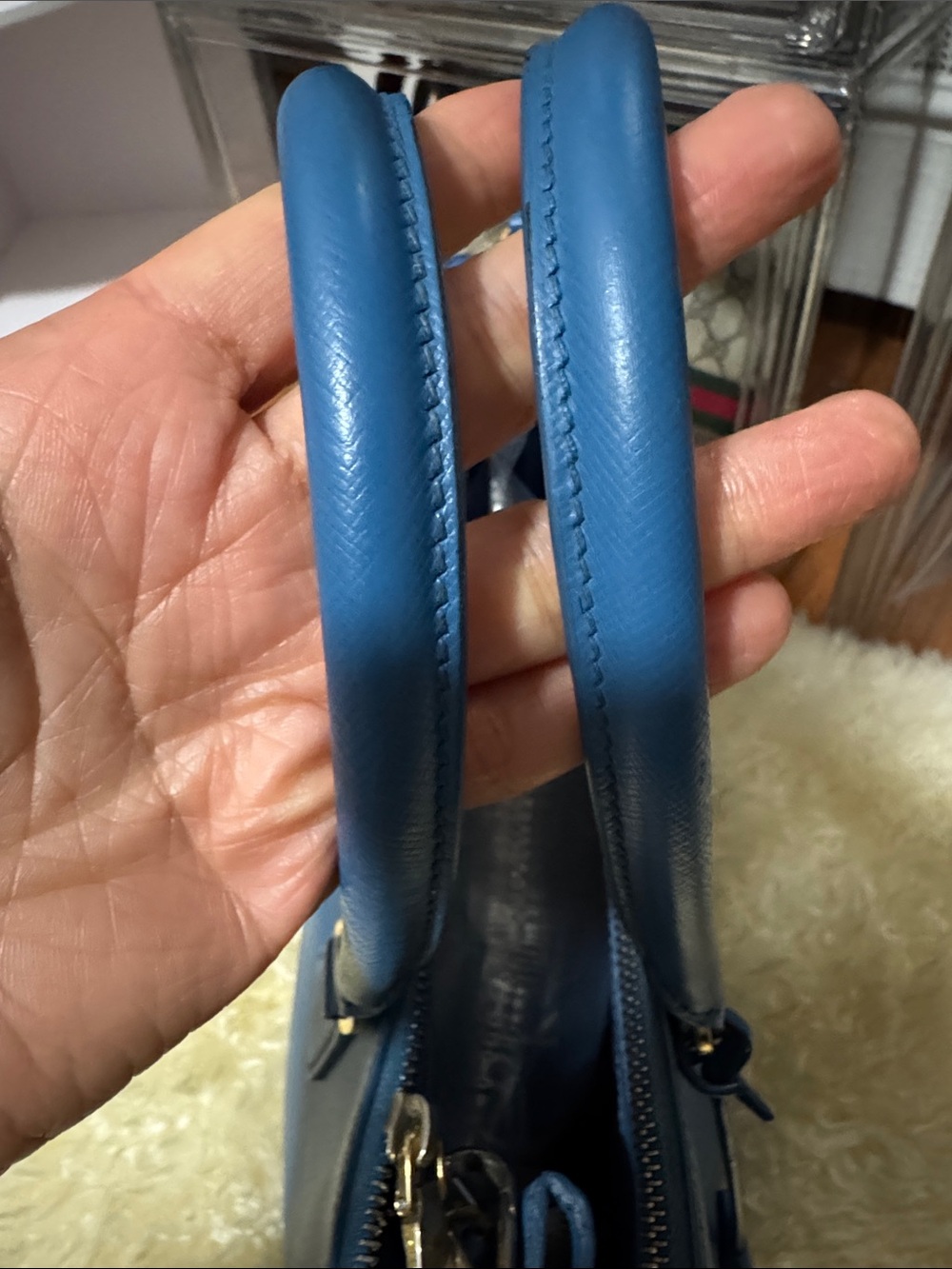 Prada Blue Saffiano Double-Handle Satchel with Crossbody Strap - Picture 8 of 14